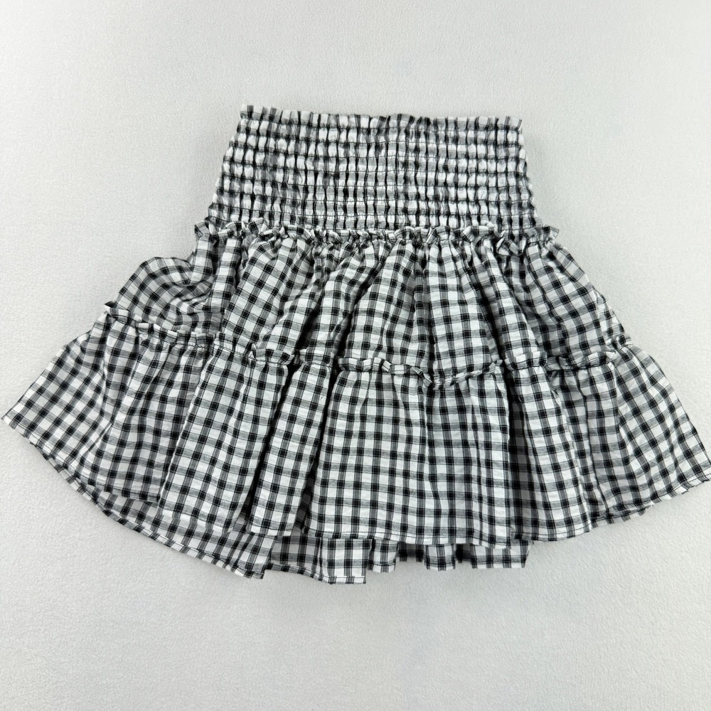 Sincerely Jules Tiered Smocked Skirt White‎ Black Plaid Size S Womens NEW - Picture 2 of 9
